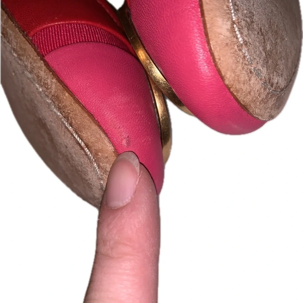 Tory Burch Minnie Toe Cap Red Azalea Pink Napa Leather Ballet Flats Gold Logo 6M